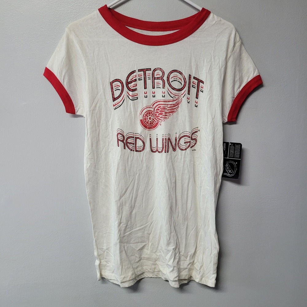 NHL Detroit Red Wings Ringer T Shirt‎ White Red Hockey Graphic Tee Mens M NWT